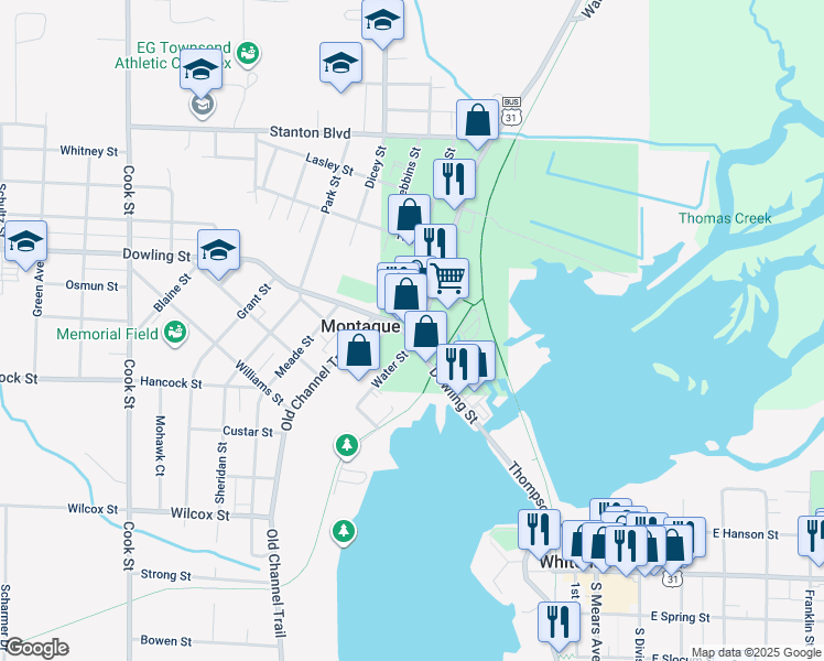 map of restaurants, bars, coffee shops, grocery stores, and more near 8669 Water Street in Montague