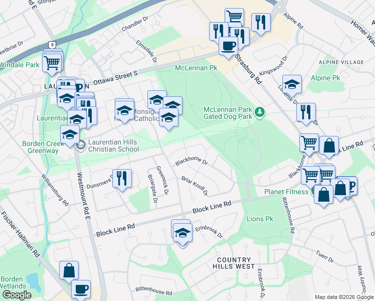 map of restaurants, bars, coffee shops, grocery stores, and more near 77 Roseneath Crescent in Kitchener