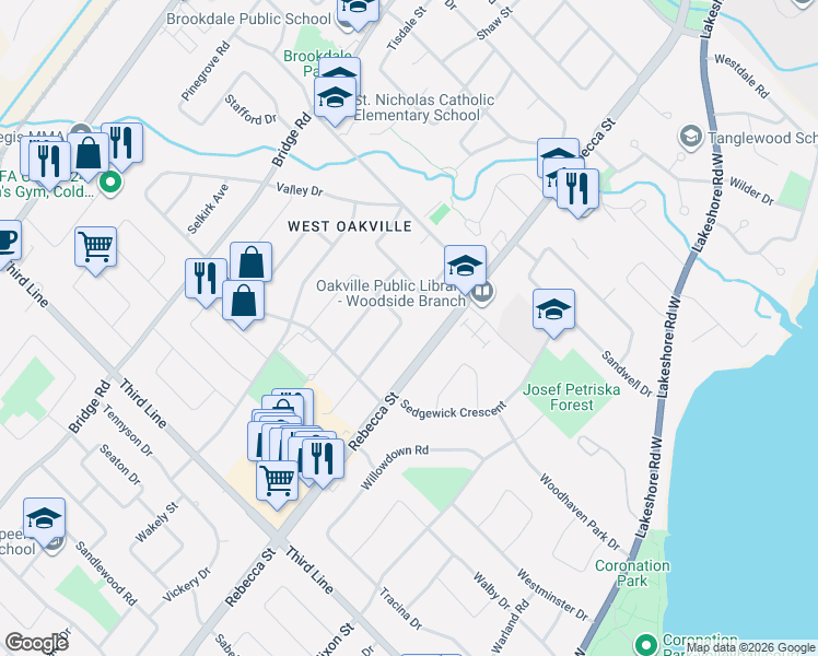map of restaurants, bars, coffee shops, grocery stores, and more near in Oakville