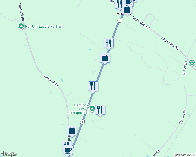 map of restaurants, bars, coffee shops, grocery stores, and more near 1434 Portland Road in Arundel