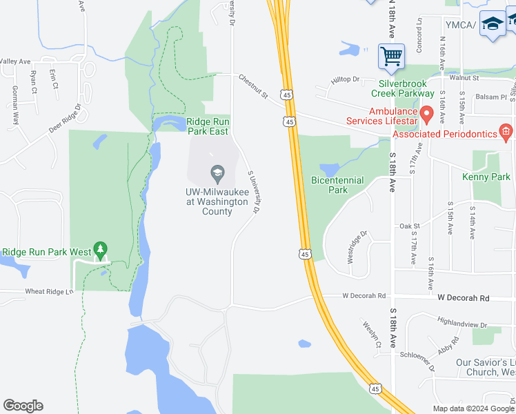 map of restaurants, bars, coffee shops, grocery stores, and more near 6100-6174 South University Drive in West Bend