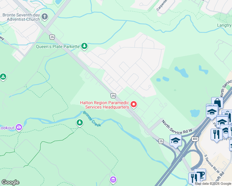 map of restaurants, bars, coffee shops, grocery stores, and more near 1265 Bronte Road in Oakville