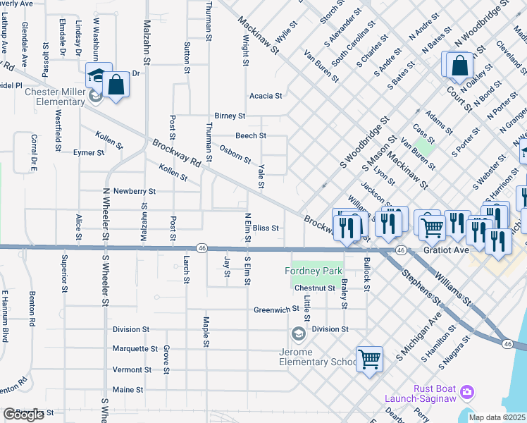 map of restaurants, bars, coffee shops, grocery stores, and more near 224 North Elm Street in Saginaw