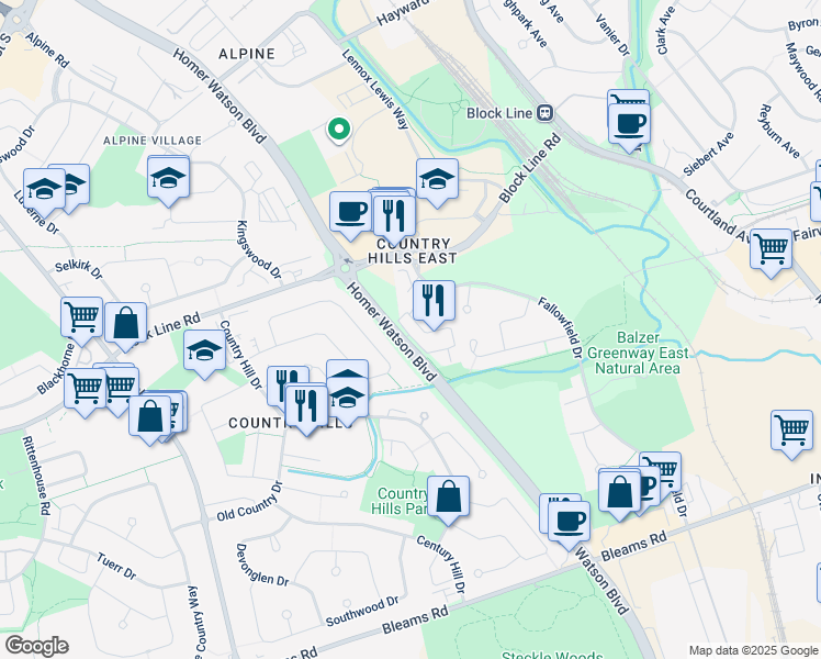 map of restaurants, bars, coffee shops, grocery stores, and more near 86 Treeline Place in Kitchener