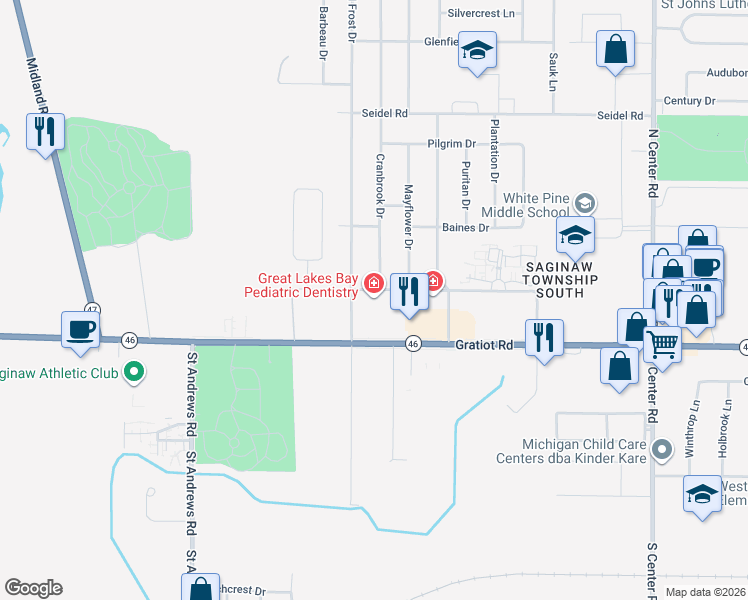 map of restaurants, bars, coffee shops, grocery stores, and more near 70 N Frost Dr in Saginaw Charter Township