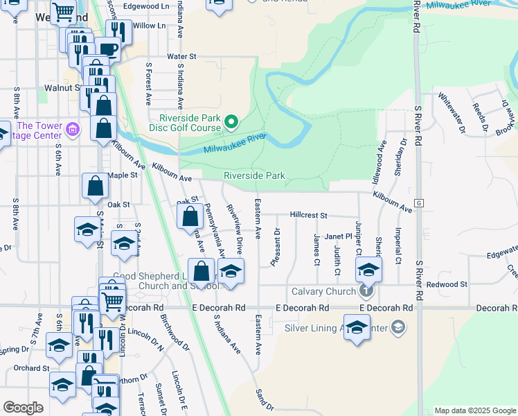map of restaurants, bars, coffee shops, grocery stores, and more near 636 Eastern Avenue in West Bend