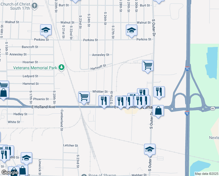 map of restaurants, bars, coffee shops, grocery stores, and more near 1111 South 27th Street in Saginaw