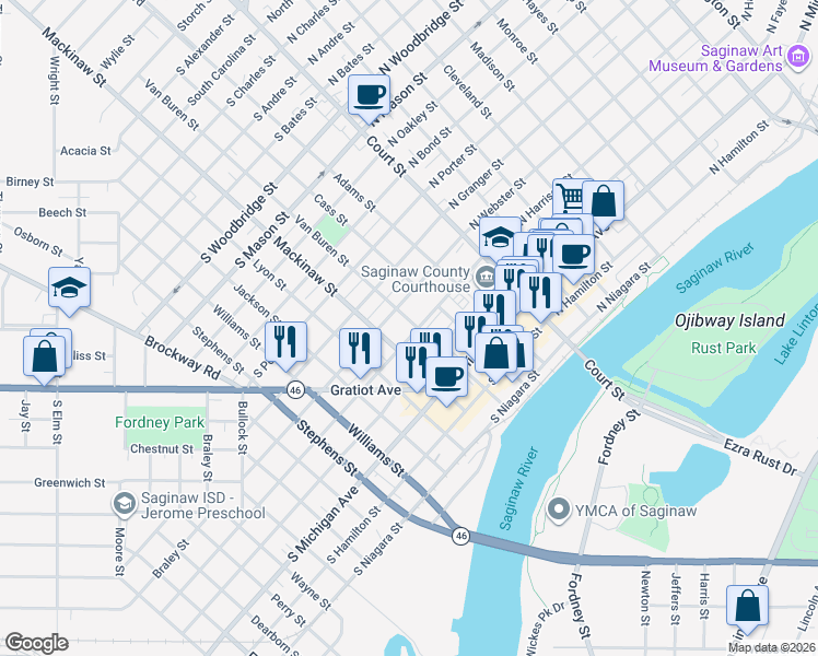 map of restaurants, bars, coffee shops, grocery stores, and more near 311 South Harrison Street in Saginaw