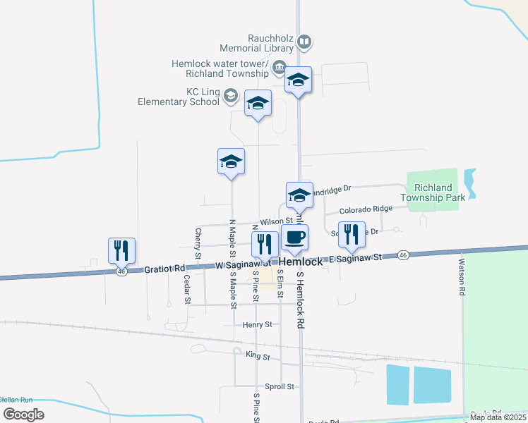 map of restaurants, bars, coffee shops, grocery stores, and more near 200 Wilson Street in Hemlock