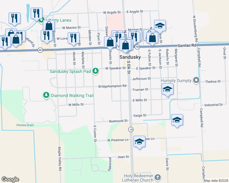 map of restaurants, bars, coffee shops, grocery stores, and more near 196 Lexington Street in Sandusky
