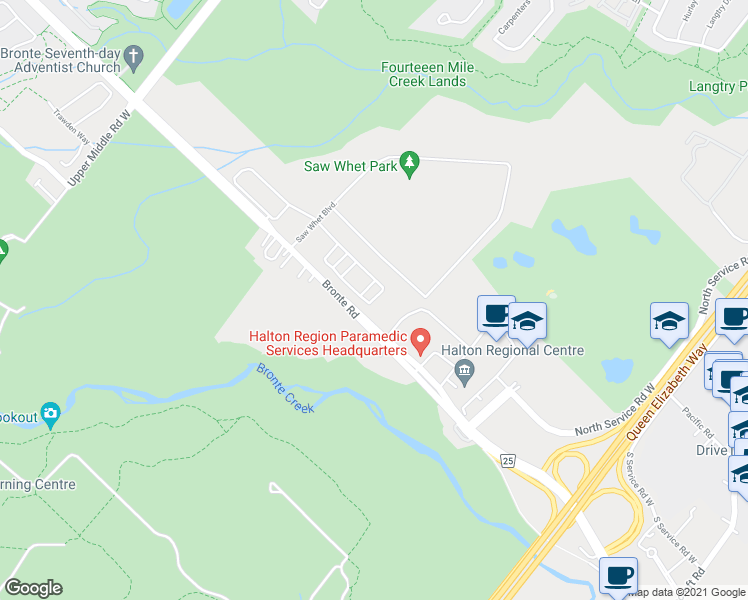 map of restaurants, bars, coffee shops, grocery stores, and more near Badger Cres in Oakville