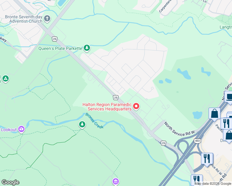 map of restaurants, bars, coffee shops, grocery stores, and more near 1281 Bronte Road in Oakville