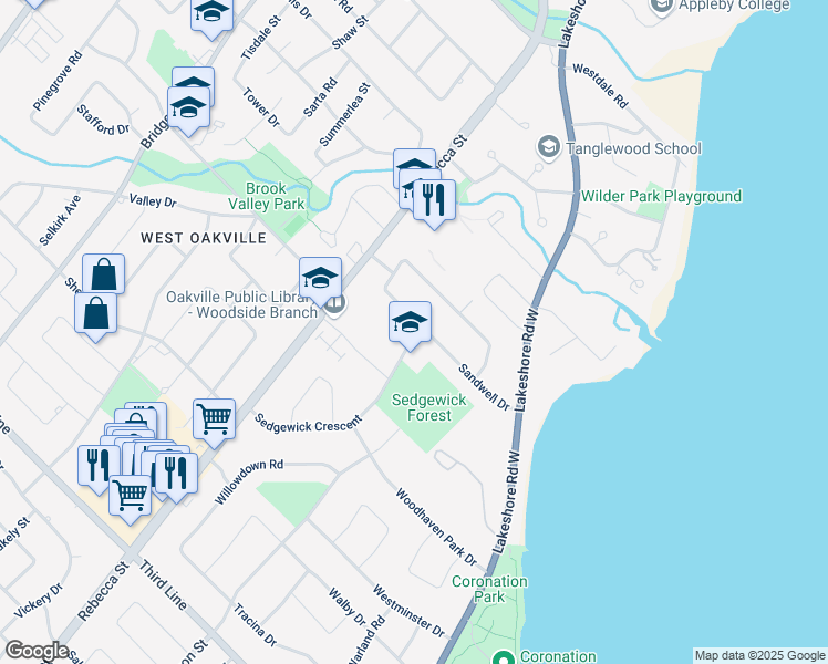 map of restaurants, bars, coffee shops, grocery stores, and more near 1239 Sedgewick Crescent in Oakville