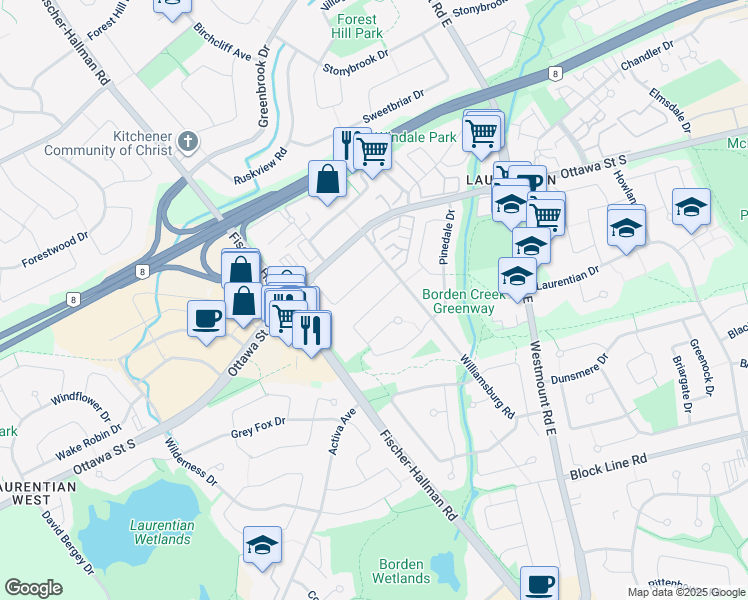 map of restaurants, bars, coffee shops, grocery stores, and more near 31 Nine Pines Road in Kitchener