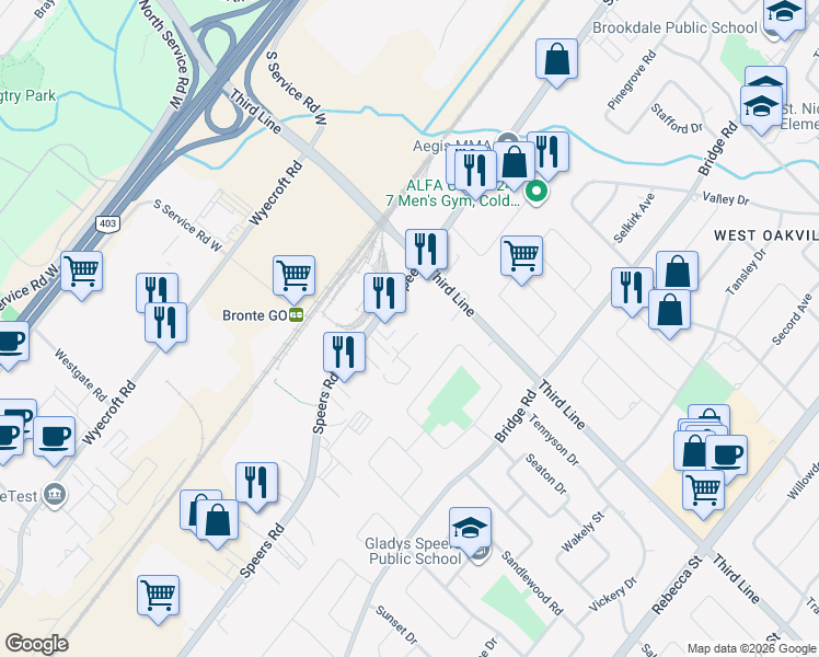map of restaurants, bars, coffee shops, grocery stores, and more near 2050 Speers Road in Oakville