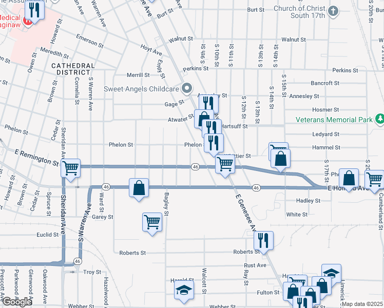 map of restaurants, bars, coffee shops, grocery stores, and more near 1355 Emily Street in Saginaw