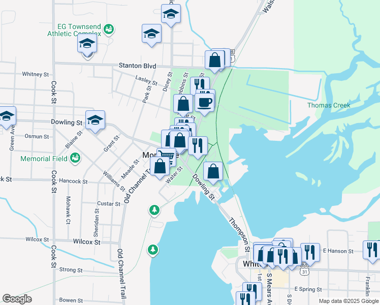 map of restaurants, bars, coffee shops, grocery stores, and more near 8688 Water St in Montague