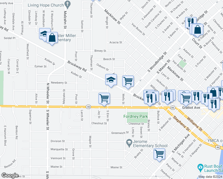 map of restaurants, bars, coffee shops, grocery stores, and more near 224 North Elm Street in Saginaw