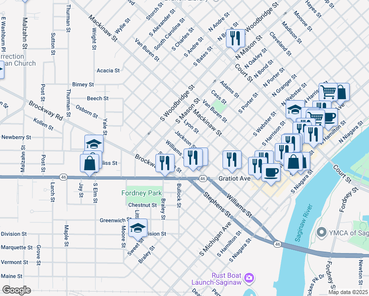 map of restaurants, bars, coffee shops, grocery stores, and more near 623 South Bond Street in Saginaw