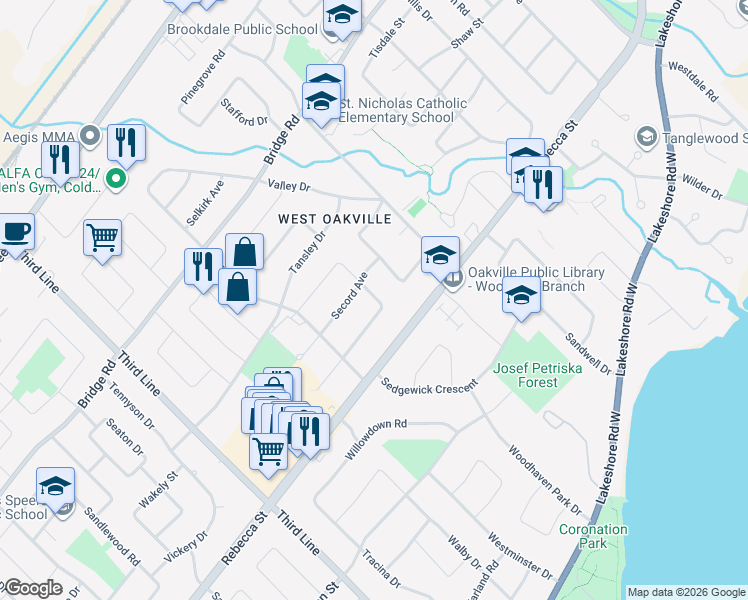 map of restaurants, bars, coffee shops, grocery stores, and more near 1327 Stanbury Road in Oakville