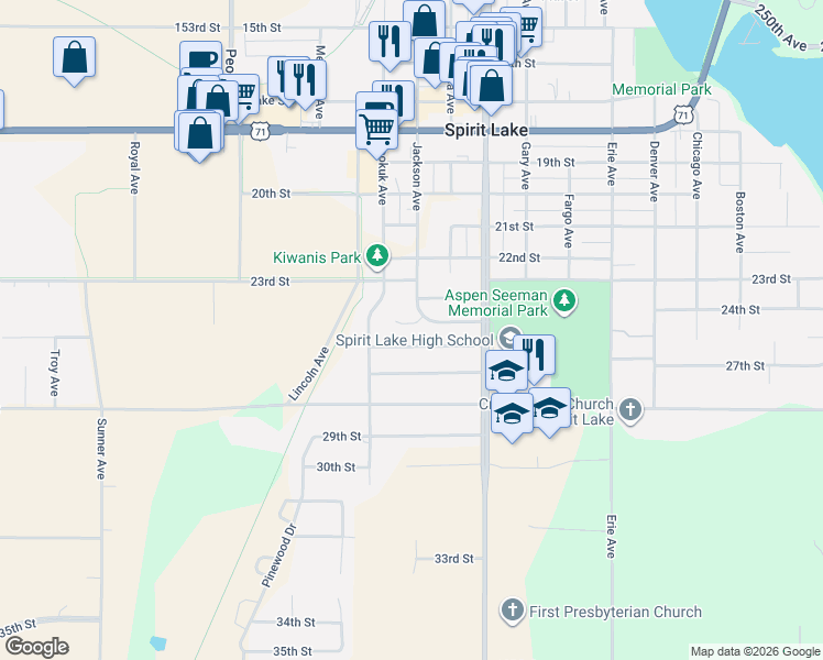 map of restaurants, bars, coffee shops, grocery stores, and more near 2401-2407 Jackson Ave in Spirit Lake