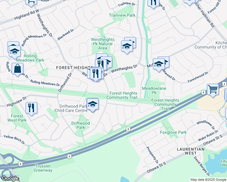 map of restaurants, bars, coffee shops, grocery stores, and more near 51 Lorilee Crescent in Kitchener
