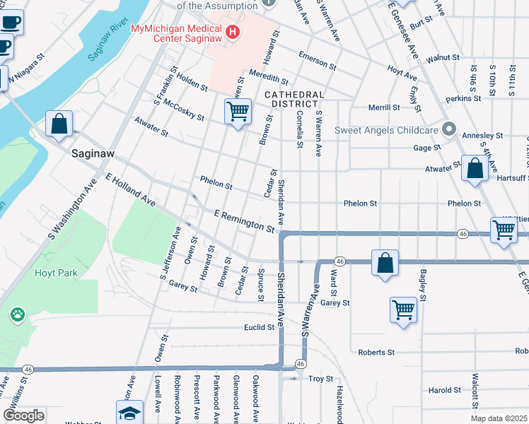 map of restaurants, bars, coffee shops, grocery stores, and more near 1314 Brown Street in Saginaw