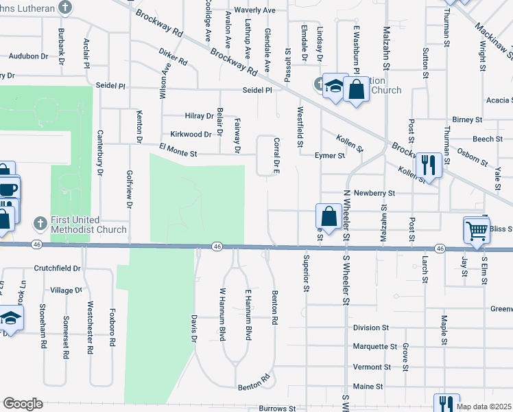 map of restaurants, bars, coffee shops, grocery stores, and more near 11 Edgewood Road in Saginaw