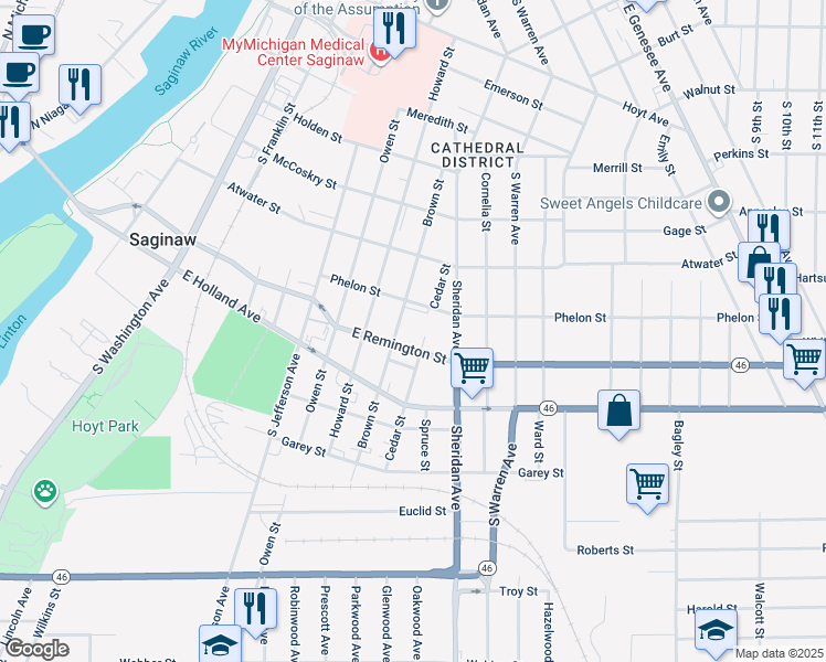 map of restaurants, bars, coffee shops, grocery stores, and more near 1314 Brown Street in Saginaw