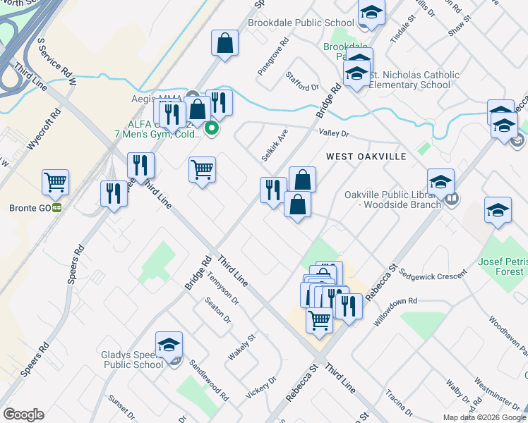map of restaurants, bars, coffee shops, grocery stores, and more near 481 Sandmere Place in Oakville