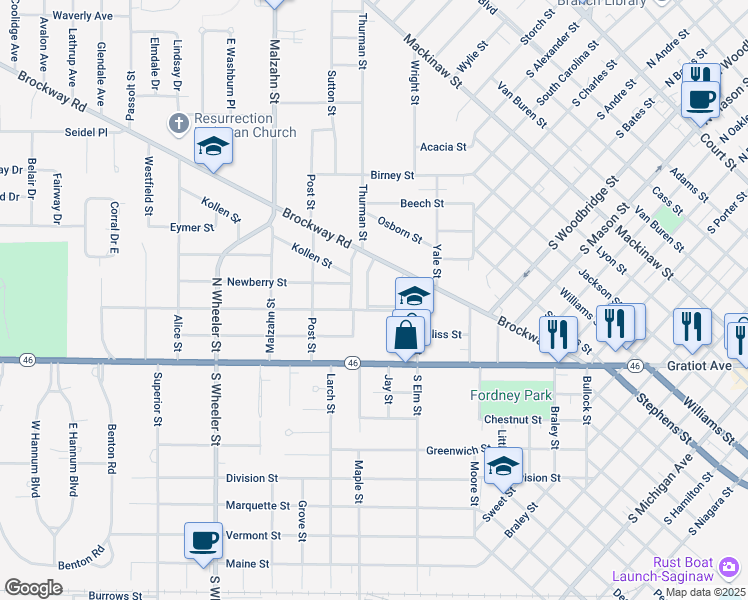 map of restaurants, bars, coffee shops, grocery stores, and more near 327 Brockway Place in Saginaw