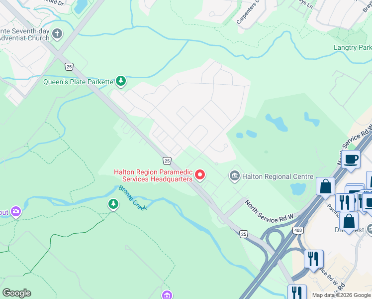 map of restaurants, bars, coffee shops, grocery stores, and more near 1265 Bronte Road in Oakville