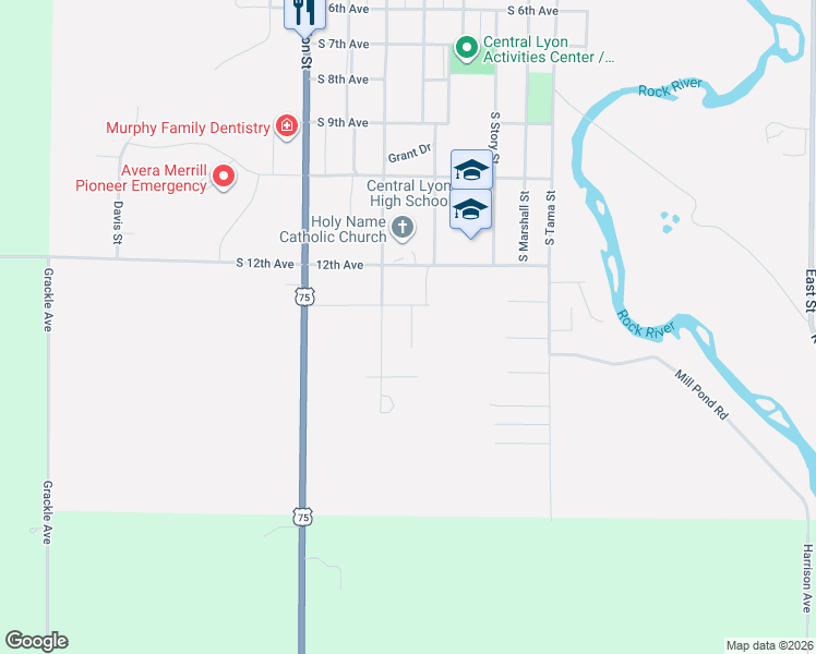 map of restaurants, bars, coffee shops, grocery stores, and more near 1303 South Greene Street in Rock Rapids