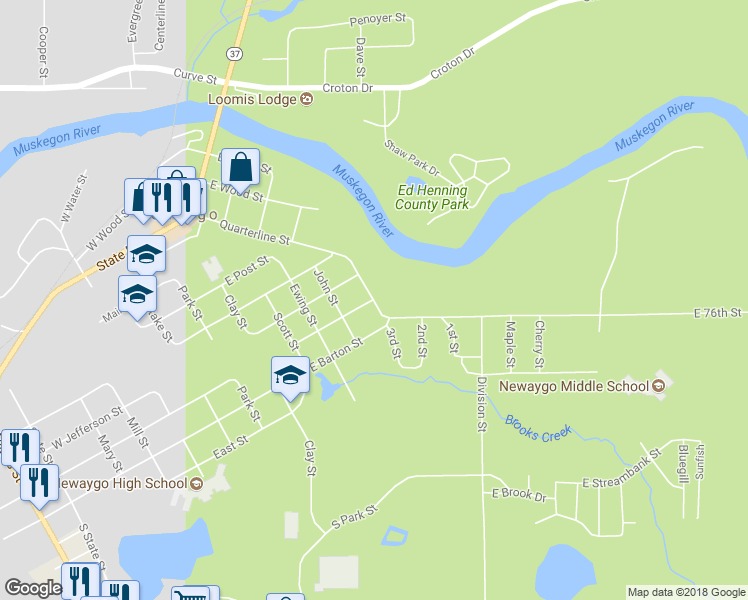 map of restaurants, bars, coffee shops, grocery stores, and more near 331 Quarterline Street in Newaygo