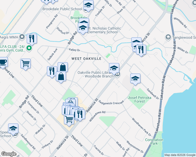 map of restaurants, bars, coffee shops, grocery stores, and more near 344 Sandhurst Drive in Oakville