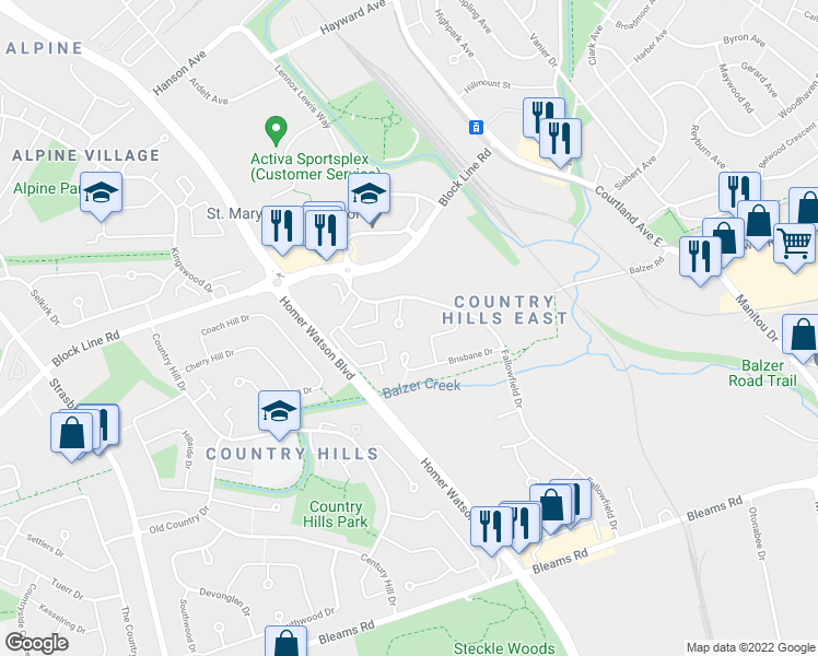 map of restaurants, bars, coffee shops, grocery stores, and more near 219 Britton Place in Kitchener