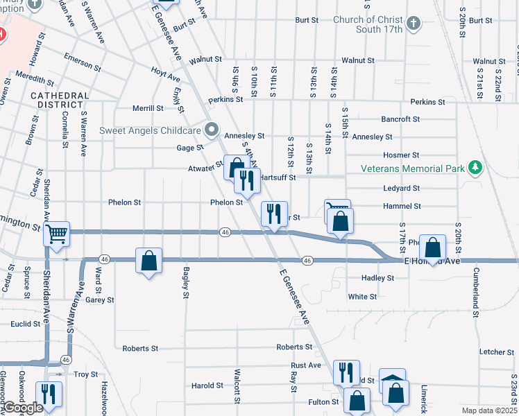 map of restaurants, bars, coffee shops, grocery stores, and more near 1766 East Genesee Avenue in Saginaw