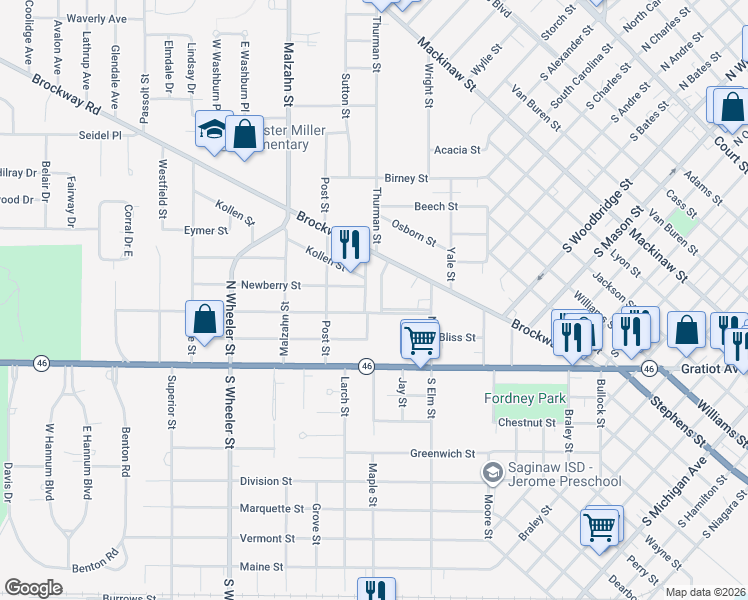 map of restaurants, bars, coffee shops, grocery stores, and more near 327 Brockway Place in Saginaw
