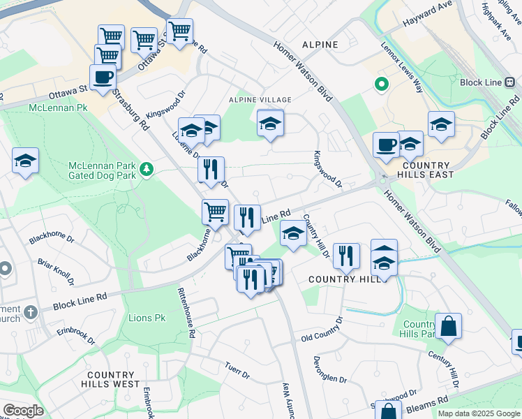 map of restaurants, bars, coffee shops, grocery stores, and more near 87 Selkirk Drive in Kitchener
