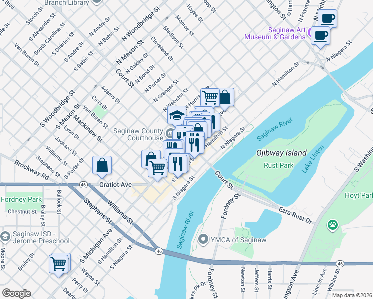 map of restaurants, bars, coffee shops, grocery stores, and more near 418 Court Street in Saginaw