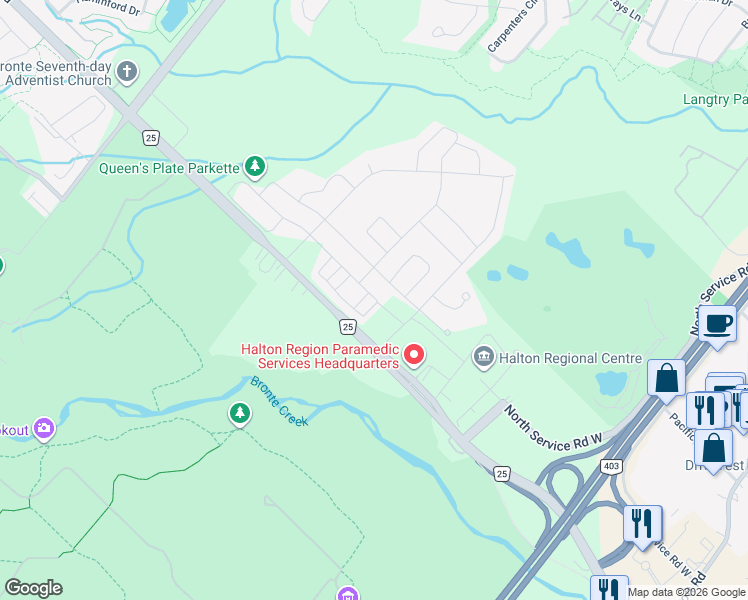 map of restaurants, bars, coffee shops, grocery stores, and more near 1281 Bronte Road in Oakville