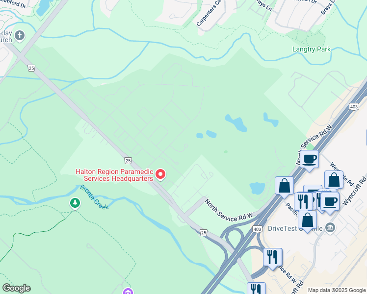 map of restaurants, bars, coffee shops, grocery stores, and more near 1151 Bronte Road in Oakville