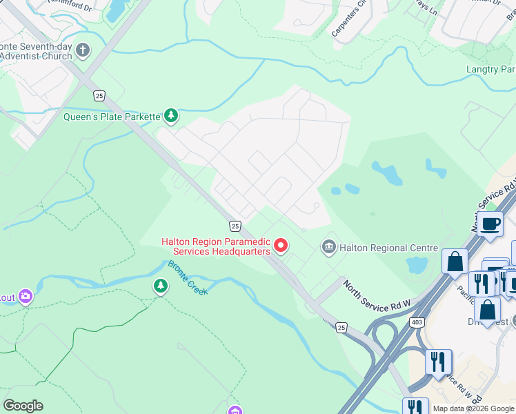 map of restaurants, bars, coffee shops, grocery stores, and more near 1265 Bronte Road in Oakville