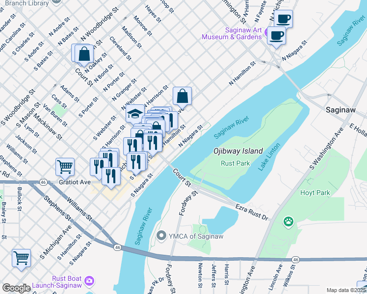 map of restaurants, bars, coffee shops, grocery stores, and more near 222 North Niagara Street in Saginaw