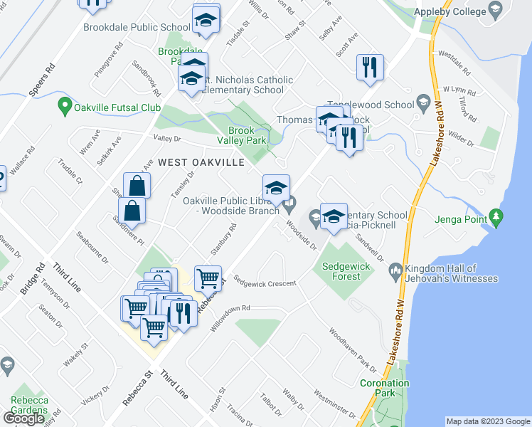 map of restaurants, bars, coffee shops, grocery stores, and more near 1293 Rebecca Street in Oakville