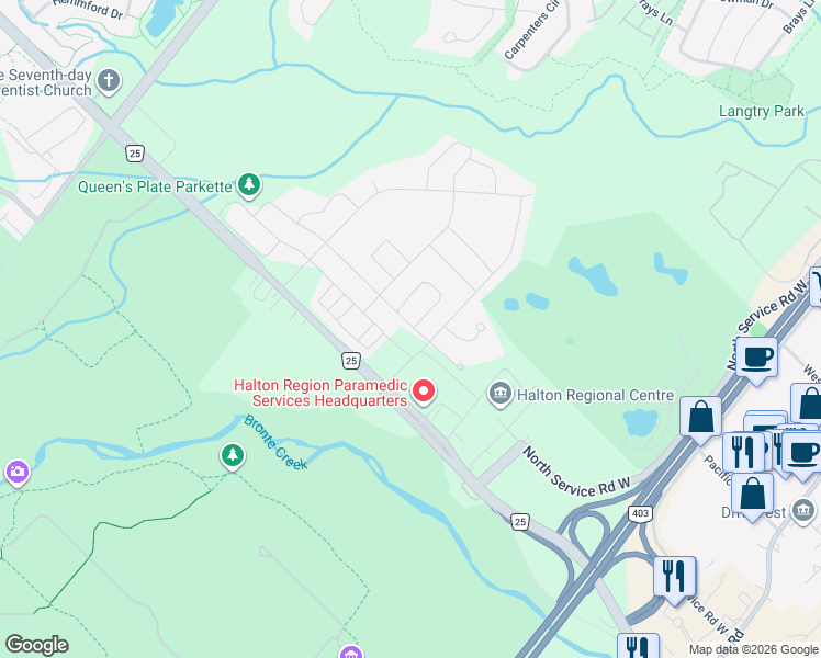 map of restaurants, bars, coffee shops, grocery stores, and more near 1228 Queens Plate Road in Oakville