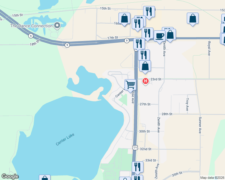 map of restaurants, bars, coffee shops, grocery stores, and more near Center Lake in Spirit Lake