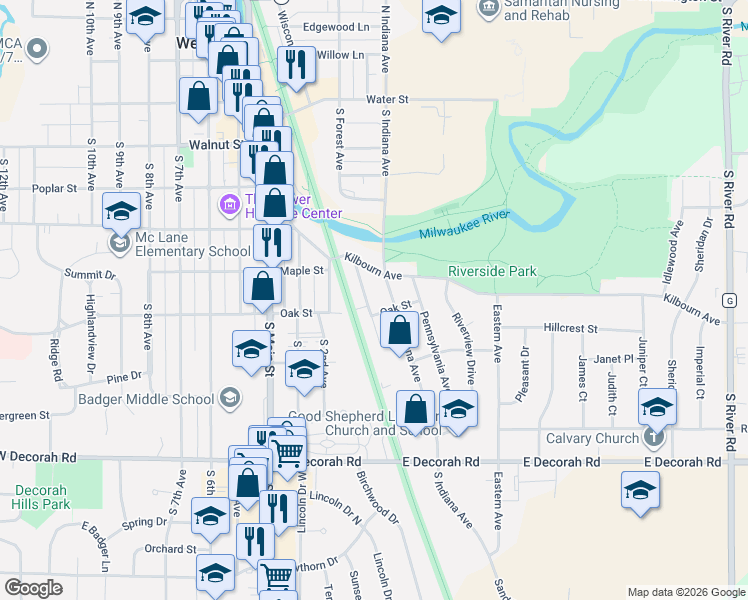 map of restaurants, bars, coffee shops, grocery stores, and more near 528 South Indiana Avenue in West Bend