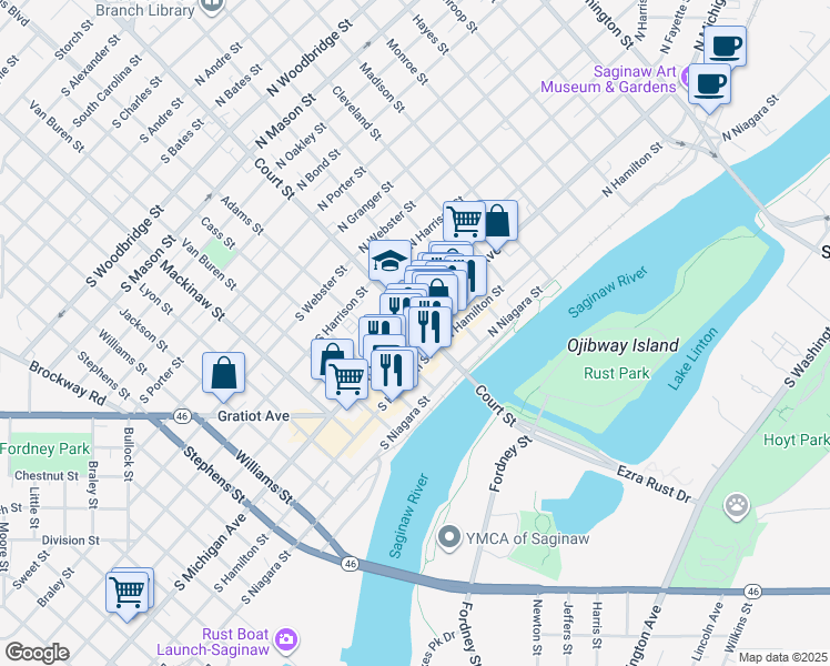 map of restaurants, bars, coffee shops, grocery stores, and more near 418 Court Street in Saginaw