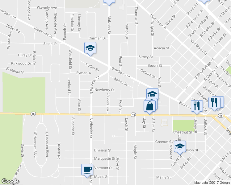 map of restaurants, bars, coffee shops, grocery stores, and more near 1819 Newberry Street in Saginaw